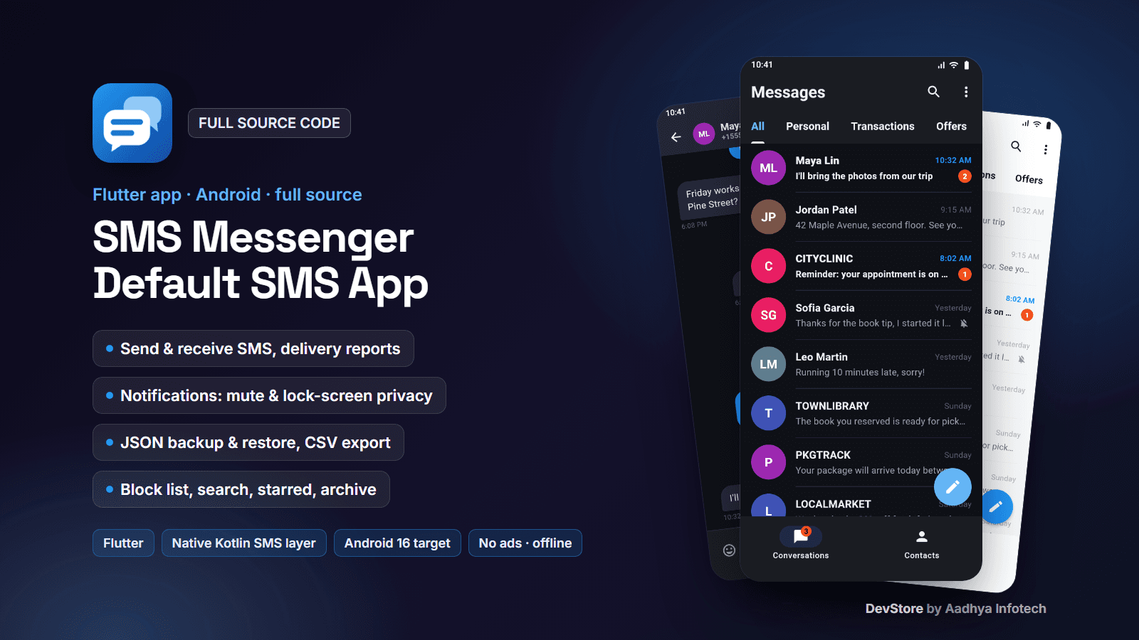 SMS Messenger — Default SMS App for Android, Flutter Source Code (Native Kotlin SMS, Backup & Restore) — image 1